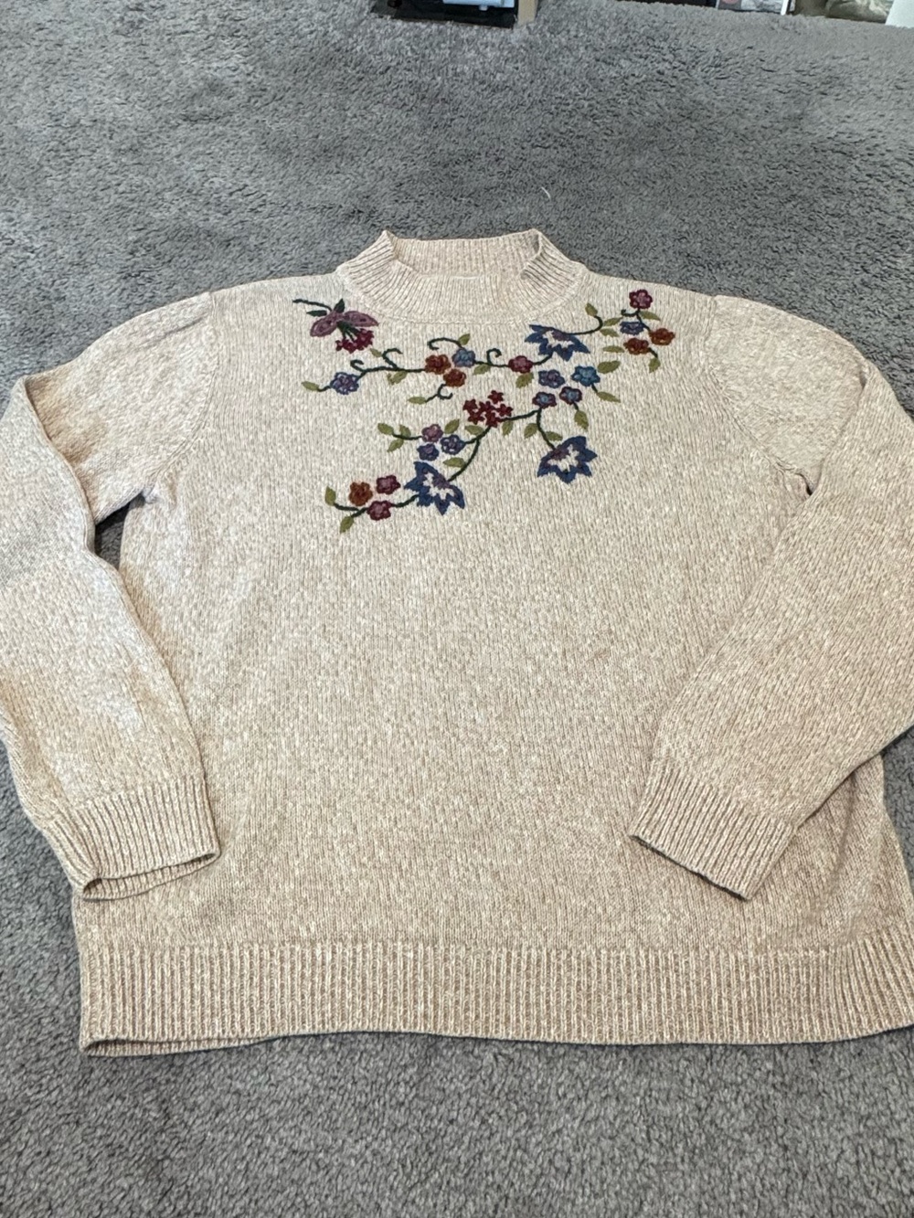 Alfred Dunner Cream Floral Embroidered Mock-neck Sweater
